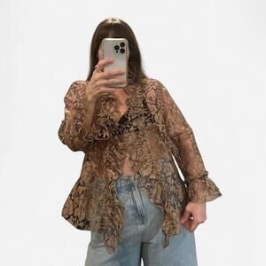 Vintage 90s Romantic Brown Sheer Floral Ruffle Blouse